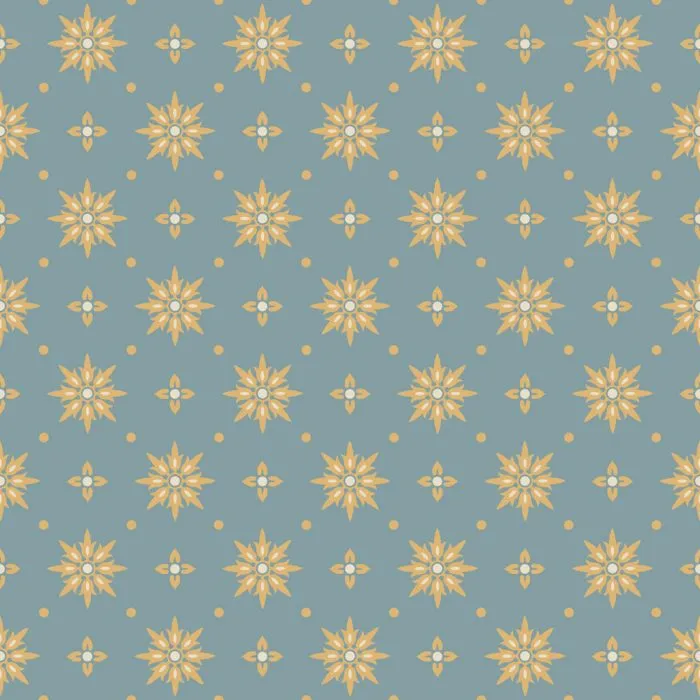 Italianate Enrichment in Venetian features a repeating yellow starburst pattern with small geometric shapes on a muted blue background, creating a symmetrical design reminiscent of classic Victorian wallpaper with Italianate style.