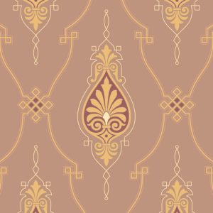 Italianate Fill in Florentine: Seamless vintage-style Victorian wallpaper with ornate gold and yellow Italianate motifs on a muted brown background.