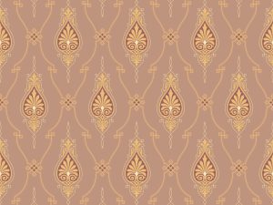 The Italianate Wall Fill in Florentine features a seamless pattern of repeating golden ornate floral motifs and curved lines on a rose background, creating a symmetrical and decorative design.