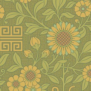 Jeffrey in Moss features yellow sunflowers and green leaves with Greek key patterns on a green geometric background, inspired by aesthetic movement motifs reminiscent of Victorian wallpaper.