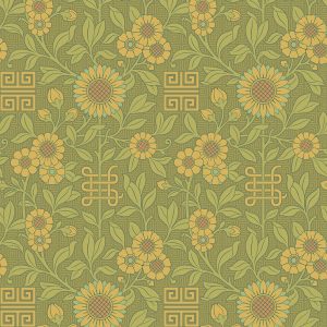 Jeffrey in Moss features a seamless wallpaper pattern of yellow sunflowers, green leaves, and geometric motifs on a greenish-yellow background.