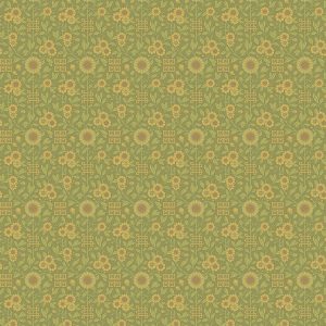 Jeffrey in Moss features a repeating yellow floral and geometric pattern on a green background, inspired by Victorian wallpaper and the Aesthetic Movement, with stylized flowers, leaves, and interlocking squares.
