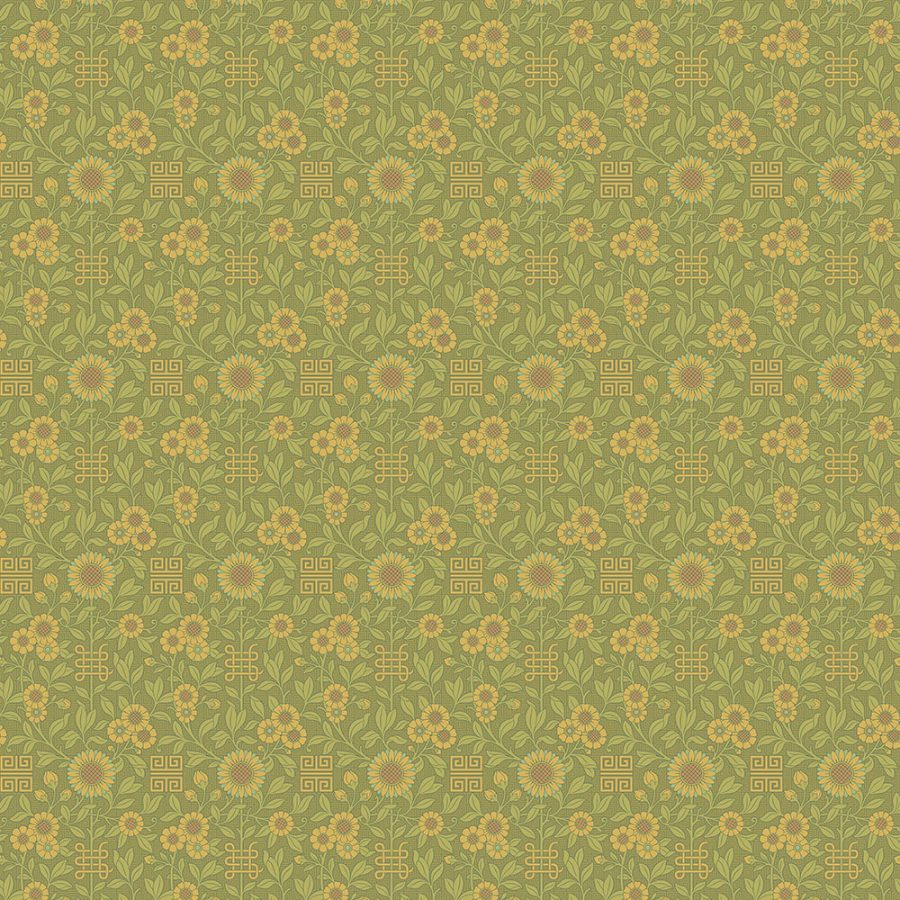 Jeffrey in Moss features a repeating yellow floral and geometric pattern on a green background, inspired by Victorian wallpaper and the Aesthetic Movement, with stylized flowers, leaves, and interlocking squares.