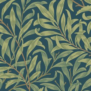 The "Willow Boughs in Summer" pattern features green leaves on a dark green background, echoing the classic style of William Morris designs.