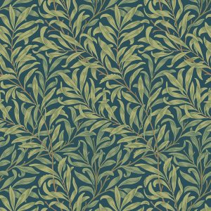 Willow Boughs was designed by William Morris in 1887. This pattern was previously known as "Walden" in our collection. It features gracefully woven green willow leaves and branches on an indigo blue background.