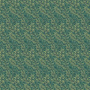 The design "Willow Boughs in Summer" features a repeating pattern of green leafy vines on a dark green background, evoking the style of Victorian wallpaper by Morris.