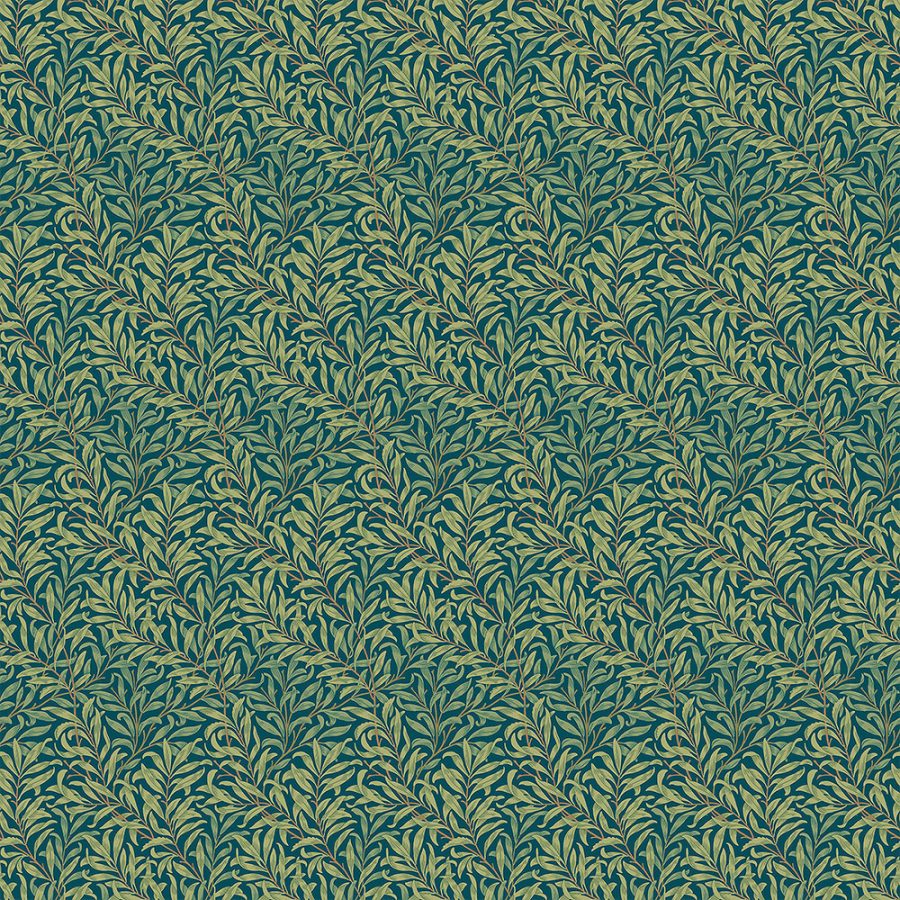 The design "Willow Boughs in Summer" features a repeating pattern of green leafy vines on a dark green background, evoking the style of Victorian wallpaper by Morris.