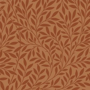 Willow in Terra Cotta features a seamless pattern of dark brown leafy branches on a light brown background, evoking Victorian William Morris wallpaper—perfect for vintage set design.