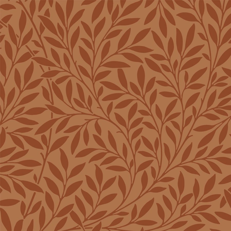 Willow in Terra Cotta features a seamless pattern of dark brown leafy branches on a light brown background, evoking Victorian William Morris wallpaper—perfect for vintage set design.