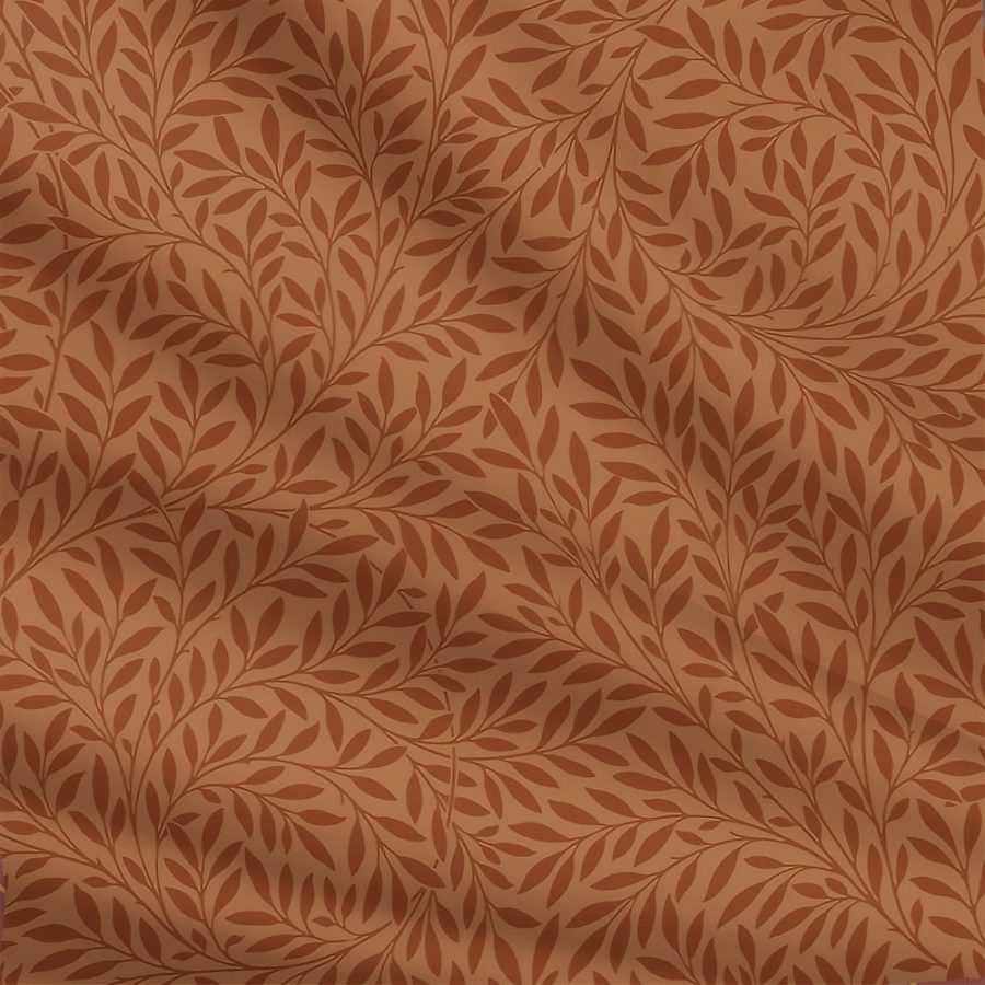 Willow in Terra Cotta features brown fabric with a repeating dark brown leaf and branch pattern, realistic texture, and gentle folds—perfect for elegant set design or classic interior decor.