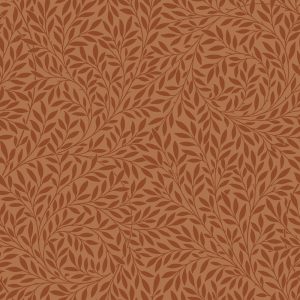 Willow in Terra Cotta features a seamless pattern of dark red leafy vines on light brown, creating an intricate, repeating botanical design—ideal for set design inspired by William Morris and Victorian wallpaper.