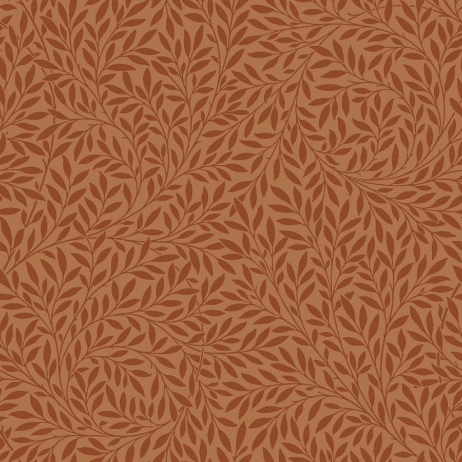 Willow in Terra Cotta features a seamless pattern of dark red leafy vines on light brown, creating an intricate, repeating botanical design—ideal for set design inspired by William Morris and Victorian wallpaper.