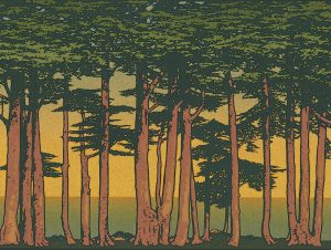 Tall, slender trees with dark green foliage stand before a yellow sunset and distant water in "Lands End," a stylized landscape inspired by the arts and crafts movement.