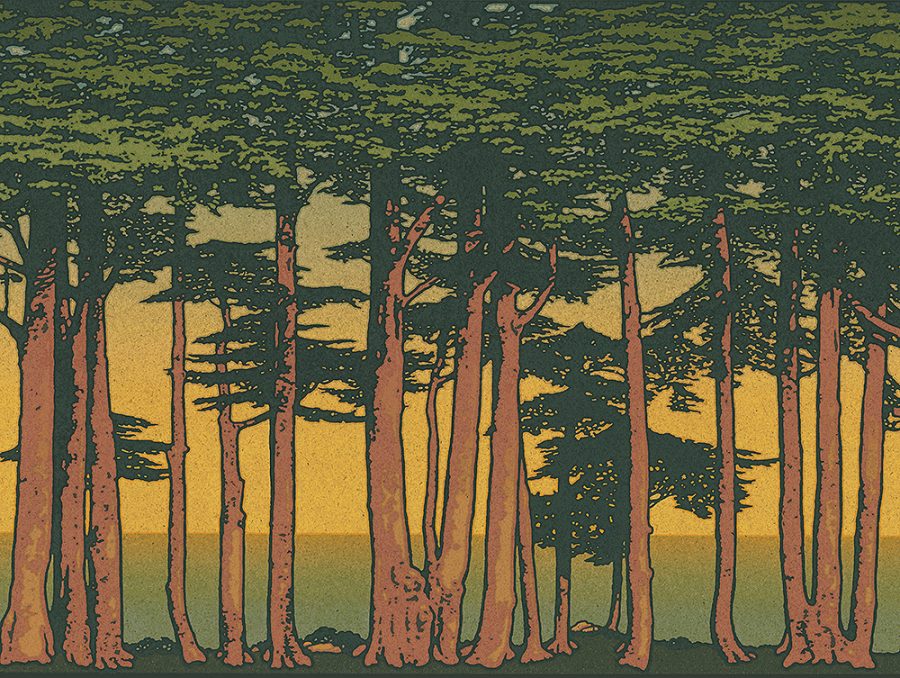 Tall, slender trees with dark green foliage stand before a yellow sunset and distant water in "Lands End," a stylized landscape inspired by the arts and crafts movement.