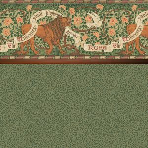 Lion & Dove in Blue: A Victorian-style wallpaper with a classic border of a lion, dove, and roses, plus "The Wilderness Shall Blossom as the Rose" above green foliage—evoking Walter Crane’s timeless designs.