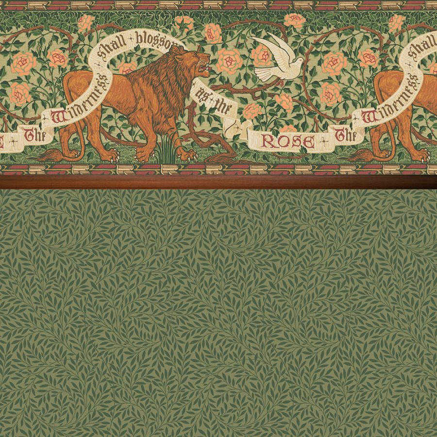 Lion & Dove in Blue: A Victorian-style wallpaper with a classic border of a lion, dove, and roses, plus "The Wilderness Shall Blossom as the Rose" above green foliage—evoking Walter Crane’s timeless designs.