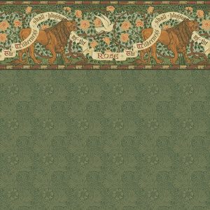 The Marigold in Forest Green wallpaper features ornate floral patterns inspired by William Morris, with repeating roses, leaves, and lions. A banner says, "The wildernesse shall blossom as the rose," set in rich green and brown hues typical of classic Arts and Crafts designs.
