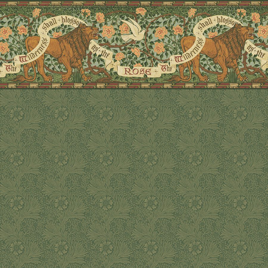 The Marigold in Forest Green wallpaper features ornate floral patterns inspired by William Morris, with repeating roses, leaves, and lions. A banner says, "The wildernesse shall blossom as the rose," set in rich green and brown hues typical of classic Arts and Crafts designs.
