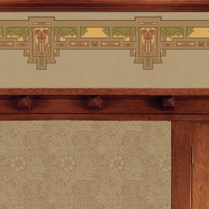 The Marigold in Natural is a decorative wall design resembling Victorian wallpaper, featuring geometric and floral patterns. Its upper section has a detailed border in green and rust, while the lower section boasts a beige floral embossed pattern, ideal for adding elegance to any bungalow.