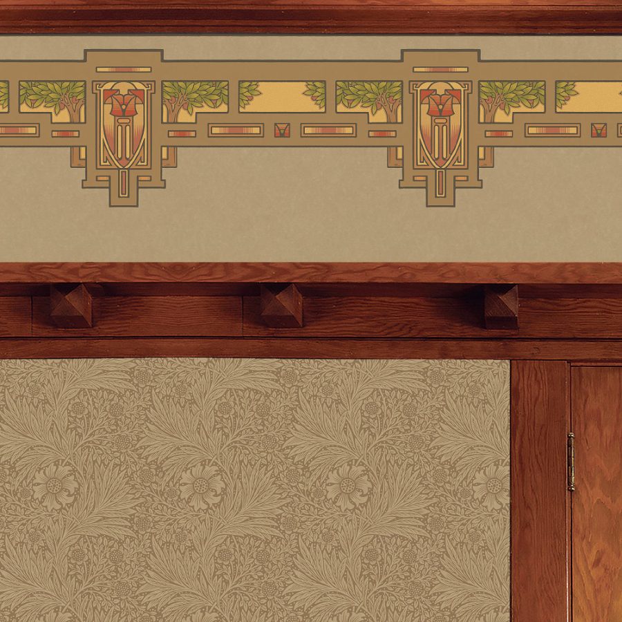 The Marigold in Natural is a decorative wall design resembling Victorian wallpaper, featuring geometric and floral patterns. Its upper section has a detailed border in green and rust, while the lower section boasts a beige floral embossed pattern, ideal for adding elegance to any bungalow.
