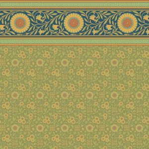 Jeffrey in Moss features a horizontal sunflower border and repeating floral motifs with geometric accents in yellow and green, inspired by Victorian wallpaper and the aesthetic movement.