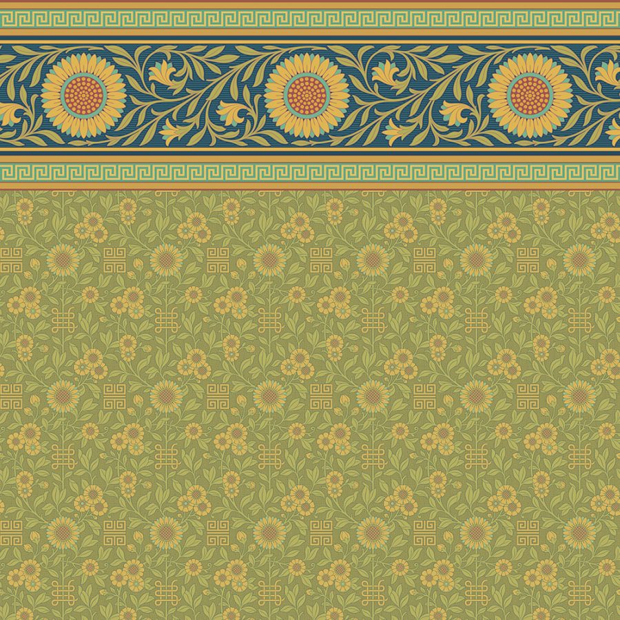 Jeffrey in Moss features a horizontal sunflower border and repeating floral motifs with geometric accents in yellow and green, inspired by Victorian wallpaper and the aesthetic movement.