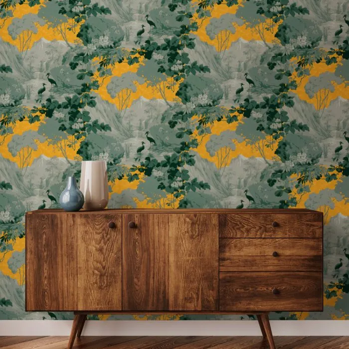 The Mountain Cranes sideboard with vases stands against a wall adorned in vintage bird-and-tree wallpaper, perfect for refined set design.